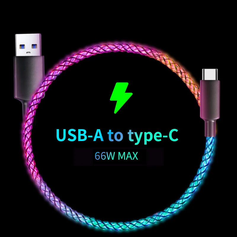 Fast Charging RGB Cable 100W Breathing Light 66W Type C USB C Data Cable for Iphone Samsung Huawei 30W Quick Charge for Xiaomi