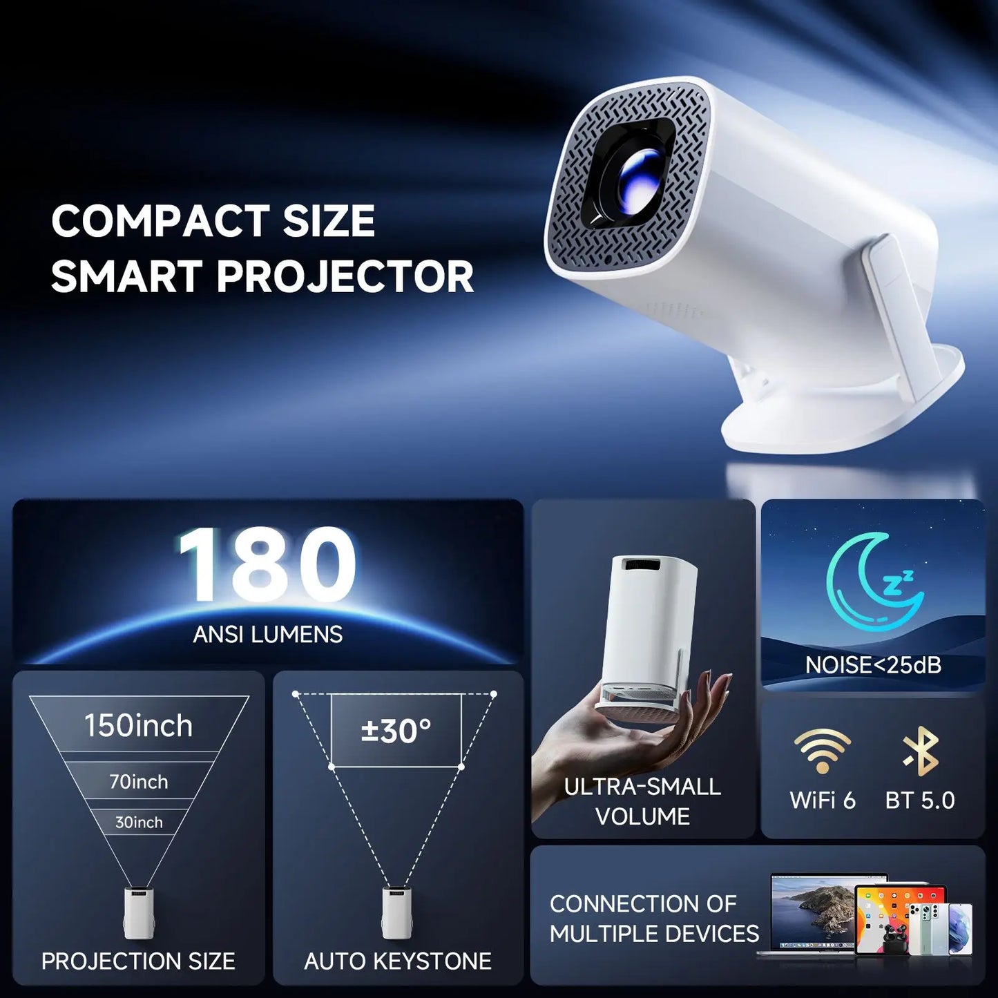 P30 Smart Mini Projector True 4K 1080P HD Bluetooth 5.0 Portable Home Theater